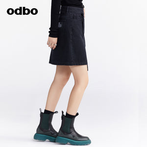 Odbo 品牌小眾高腰不規則牛仔半身裙女秋季2022新款黑色a字短裙子