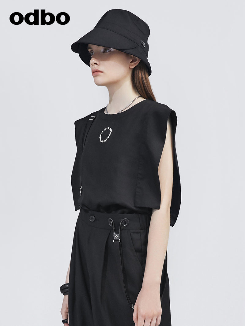 odbo2022年新款 時尚設計感 拼接黑色 背心 女 舒適百搭