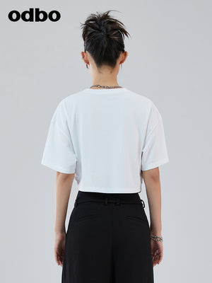 Odbo 設計感小眾格紋拼接短袖t恤女夏季2022年新款辣妹短款上衣潮