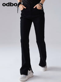 【商場同款】odbo/歐迪比歐時尚黑色牛仔褲女設計感小眾開叉褲子