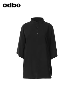 【商場同款】odbo/歐迪比歐春裝2022年新款女POLO領黑色寬鬆T恤潮