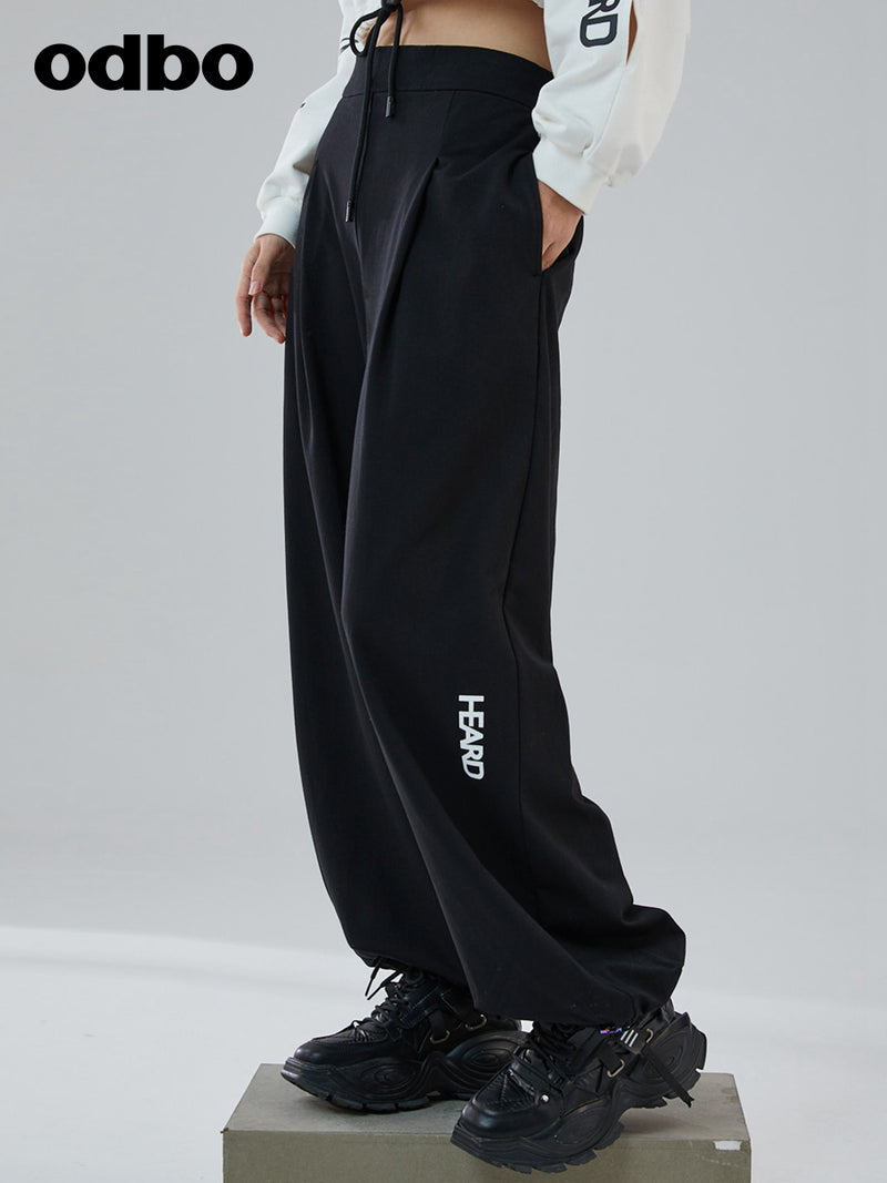 Odbo/歐迪比歐夏季2022年新款黑色針織休閒褲女百搭寬鬆嘻哈褲子