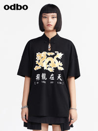 Heardbyodbo國潮盤扣設計創意印花短袖T恤女夏季純棉寬鬆黑色