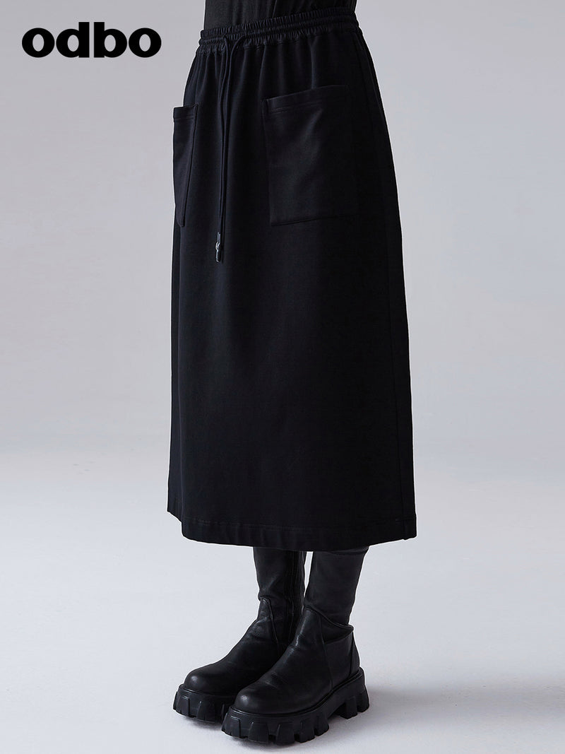 【商場同款】odbo/歐迪比歐春裝2022年新款女抽繩束腰黑色半身裙