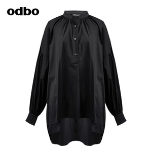odbo原創 前短後長 立領黑色襯衫 女 2022年新款 燈籠袖 上衣